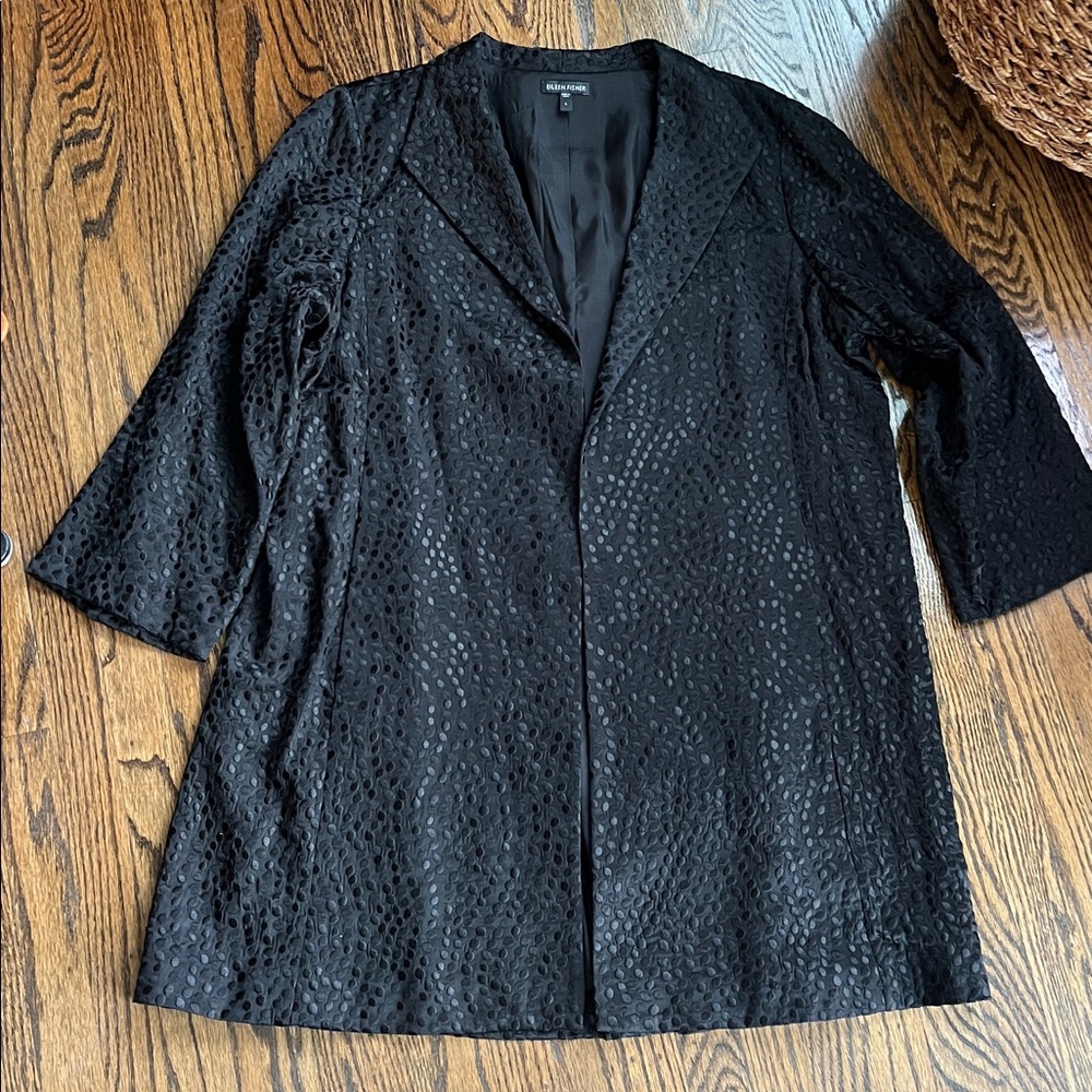 Eileen Fisher 100% silk jacket black textured size L